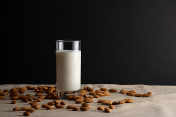 Glass of almond milk on linen tablecloth with almonds around. Lactose substitute concept. Copy space, black background.
