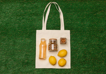 Fresh food and drink on cotton bag