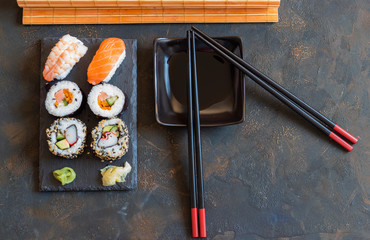 Oriental Japanese food based on sushi, maki, nigiri, unagi, wasabi, rice and fresh fish