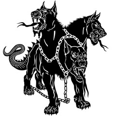 Cerberus hellhound Mythological three headed dog the guard of entrance to hell. Hound of Hades. Isolated tattoo style black and white vector illustration