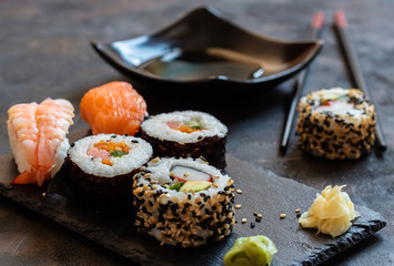 Oriental Japanese food based on sushi, maki, nigiri, unagi, wasabi, rice and fresh fish