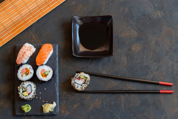 Oriental Japanese food based on sushi, maki, nigiri, unagi, wasabi, rice and fresh fish