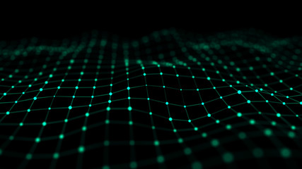 Wave with connecting dots and lines. Futuristic green dots background with a dynamic wave. 3d rendering.