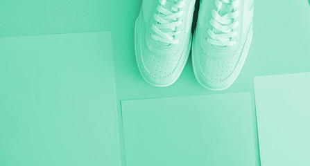 Sporty fashion shoes on mint color background with copy space.