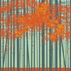Obraz premium Vector seamless pattern with young fall trees. Decorative abstract background with slender trees, orange leaves and blue sky. Autumn landscape with grove or forest.