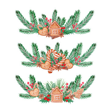 Christmas Watercolor wreath of berries, spruce branches, gingerbread cookie, anise. Hand drawn illustration. Isolated on white background.