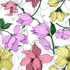 Vector Magnolia floral botanical flowers. Black and white engraved ink art. Seamless background pattern. © yanushkov