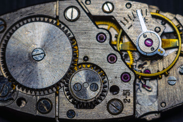 Fototapeta na wymiar The mechanism of a wrist mechanical watch close-up.