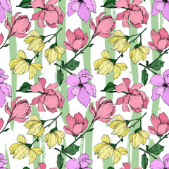 Vector Magnolia floral botanical flowers. Black and white engraved ink art. Seamless background pattern.