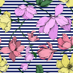 Vector Magnolia floral botanical flowers. Black and white engraved ink art. Seamless background pattern. © yanushkov