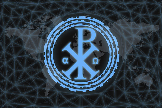 symbol of chi rho with modern design. With a dark background and a world map. Graphic concept for your design.