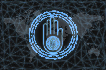 symbol of jainism with modern design. With a dark background and a world map. Graphic concept for your design.