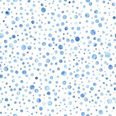 Seamless winter pattern. New year and Christmas cute wallpaper. Blue watercolor dots on a white background. Ink drawn snowfall on paper. Vector illustration.