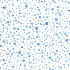 Wall murals Blue and white Seamless winter pattern. New year and Christmas cute wallpaper. Blue watercolor dots on a white background. Ink drawn snowfall on paper. Vector illustration.