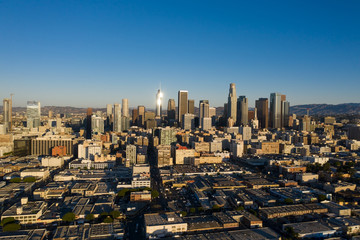 Drone view of Los Angeles Downtown at sunrise