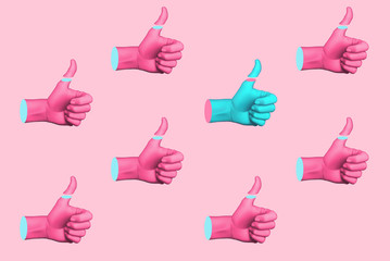 Contemporary art collage with hands showing thumbs up. Minimal art, 3d illustration. - obrazy, fototapety, plakaty