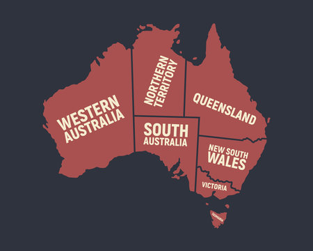 Australia Map. Poster Map Of Australia With State Names. Australian Background. Vector Illustration