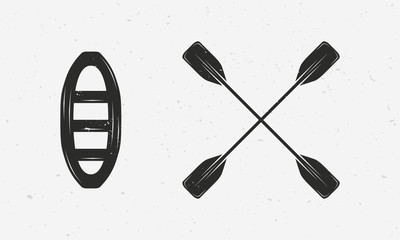 Raft and paddles silhouettes isolated on white background. Vector extreme water sport icons. - obrazy, fototapety, plakaty