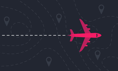 Plane flies over a landscape with map pointers and dashed lines. Motivation or travel concept. Vector illustration - obrazy, fototapety, plakaty