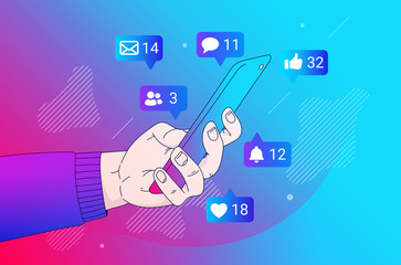 Obsessed with Social Media.  Illustration of hand holding phone with notification bubbles all around, excessive use, time consuming and addiction concept.