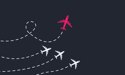 Red plane fly out from other planes. Unique direction. Think differently - business concept. Modern motivation poster, banner.  Vector illustration