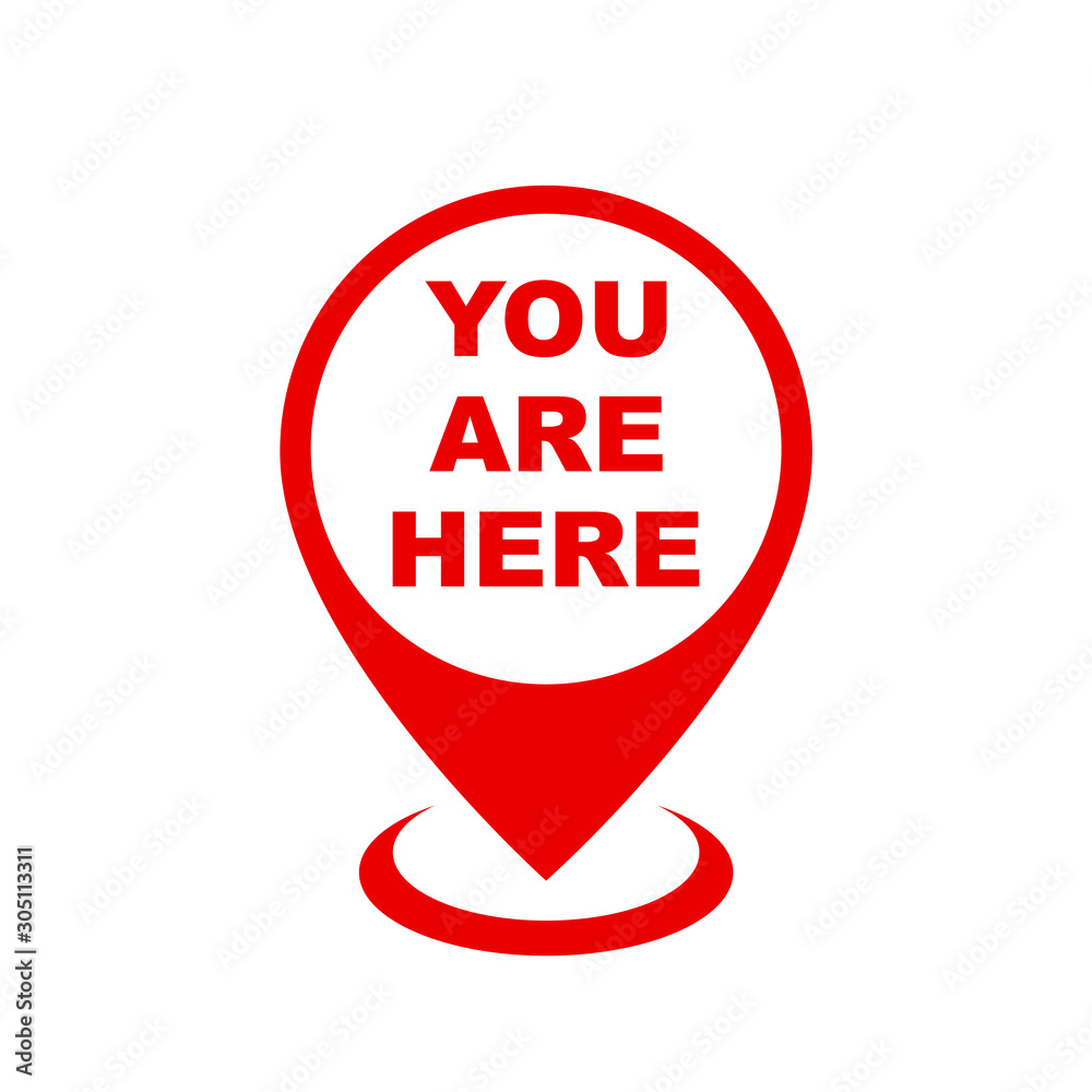 Poster Round pin map marker pointer sign, GPS location flat symbol with text You are here – stock vector