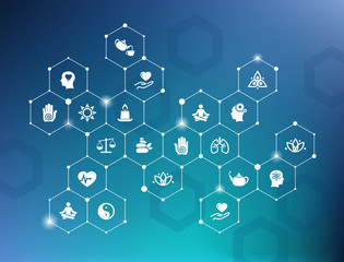 mindfulness / meditation / relaxation concept – connected icons related to mindful living, awareness, stress-relief - vector illustration