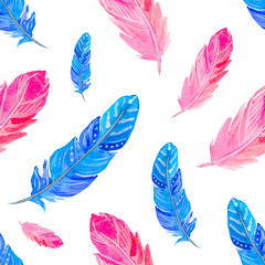 Watercolor seamless pattern with pink and blue feathers isolated on white background. Hand painted illustration. 
