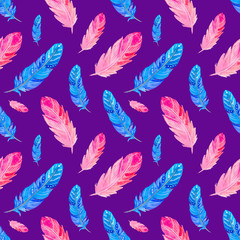Watercolor seamless pattern with pink and blue feathers on purple background. Hand painted illustration. 