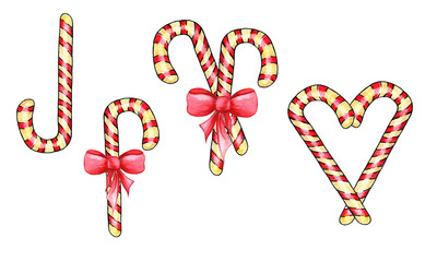 Set of red and white candy canes in different rotation isolated on white background, Cartoon style