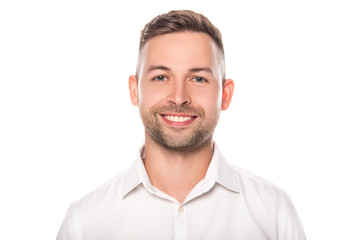 Obraz premium portrait of smiling confident businessman in white shirt isolated on white