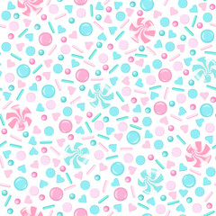 Rose and blue sweet Sprinkles seamless pattern. pearl sugar, candy, lollipop, hearts, icing