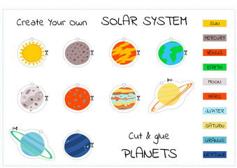 Set of hand drawn cartoon planets of the solar system. Solar system with names, vector illustration. Children's education, educational cut & glue or cut & match game