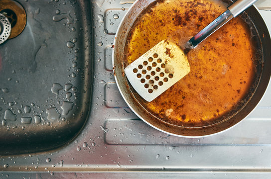 Dirty greasy steel pan with perforated spatula. Placed on top of a steel kitchen sink with water droplets all around