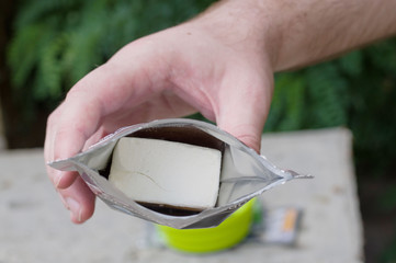 Freeze-dried ice cream in a package. Packaged ice cream.