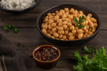 Chickpeas in a bowl on kitchen countertop