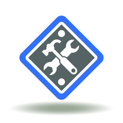 Rhombus attention sign with hammer and wrench icon. Under construction logo. Road repair symbol.
