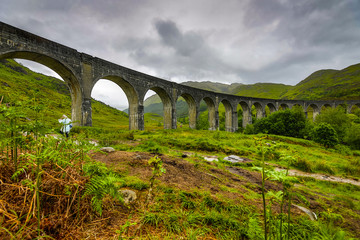 Fototapeta na wymiar Old bridge and picturesque Scotland morning landscape.