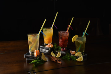 cocktails on wooden table