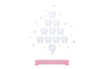 healthy tooth in the shape of Christmas tree for Merry Christmas and Happy New Year, dental care concept - teeth cartoon paper cut style