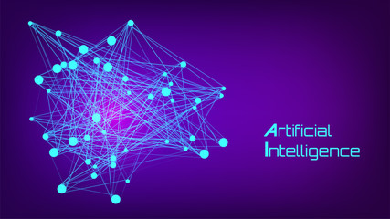 Artificial intelligence concept. Blue neural network structure on purple gradient backdrop with text. Futuristic sci-fi look. Modern deep learning computer technology. AI. Stock vector illustration