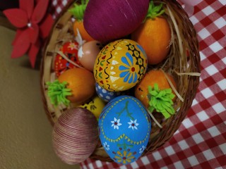 easter eggs in basket on wooden background