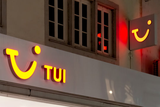 Tui discover your smile letters on a facade in the downtown of Koblenz