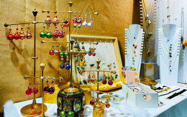 Christmas Tree Decoration on Christmas Market at Gendarmenmarkt in Winter Berlin, Germany. Advent Fair Decoration, and Stalls with Crafts Items in Bazaar. Made of glass