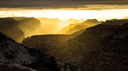Fototapeta premium Bright yellow morning sunrise through layers of desert mesas buttes and towers.