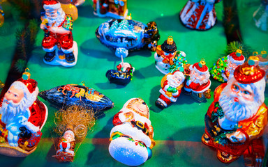 Christmas Tree Decoration on Christmas Market at Gendarmenmarkt in Winter Berlin, Germany. Advent Fair Decoration, and Stalls with Crafts Items in Bazaar. Made of glass