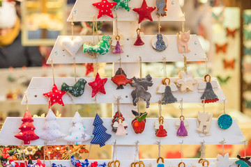Christmas glass ornaments shop on Christmas market in Europe