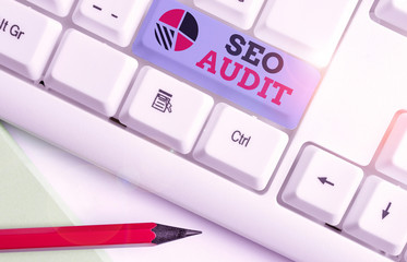 Text sign showing Seo Audit. Business photo showcasing Search Engine Optimization validating and...