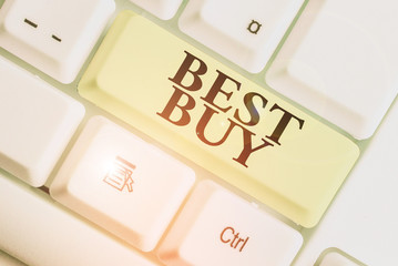 Text sign showing Best Buy. Business photo showcasing most advantageous combination of cost and...