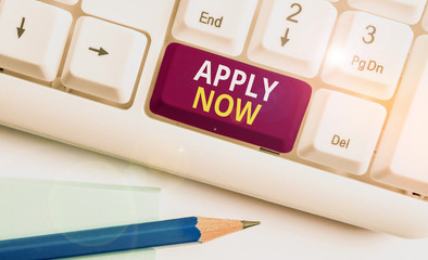 Conceptual hand writing showing Apply Now. Concept meaning An act of a demonstrating to acquire the...